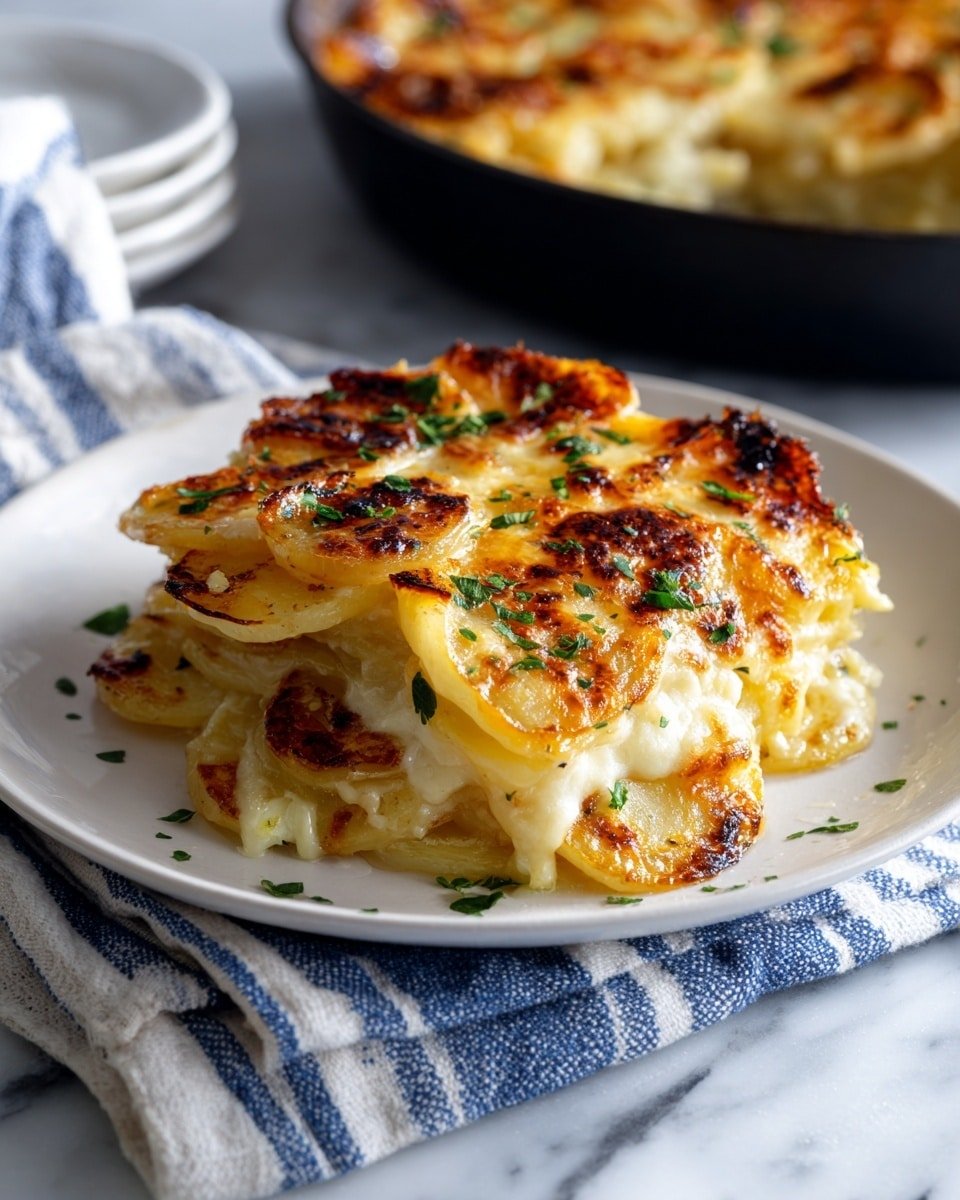 The dish is a creamy potato gratin served in a white round baking dish with two handles. It has about five layers of thinly sliced potatoes that are pale yellow with soft textures. The top layer is covered with melted golden-brown cheese that looks slightly crispy on the edges. Small green parsley leaves are sprinkled over the top, giving it a fresh look. The gratin is set on a wooden board with some green herb leaves scattered around on a white marbled surface. Photo taken with an iphone --ar 4:5 --v 7 — Creamy Potato Au Gratin, cheesy potato casserole, easy au gratin recipe, baked potato gratin, comfort food potato dish