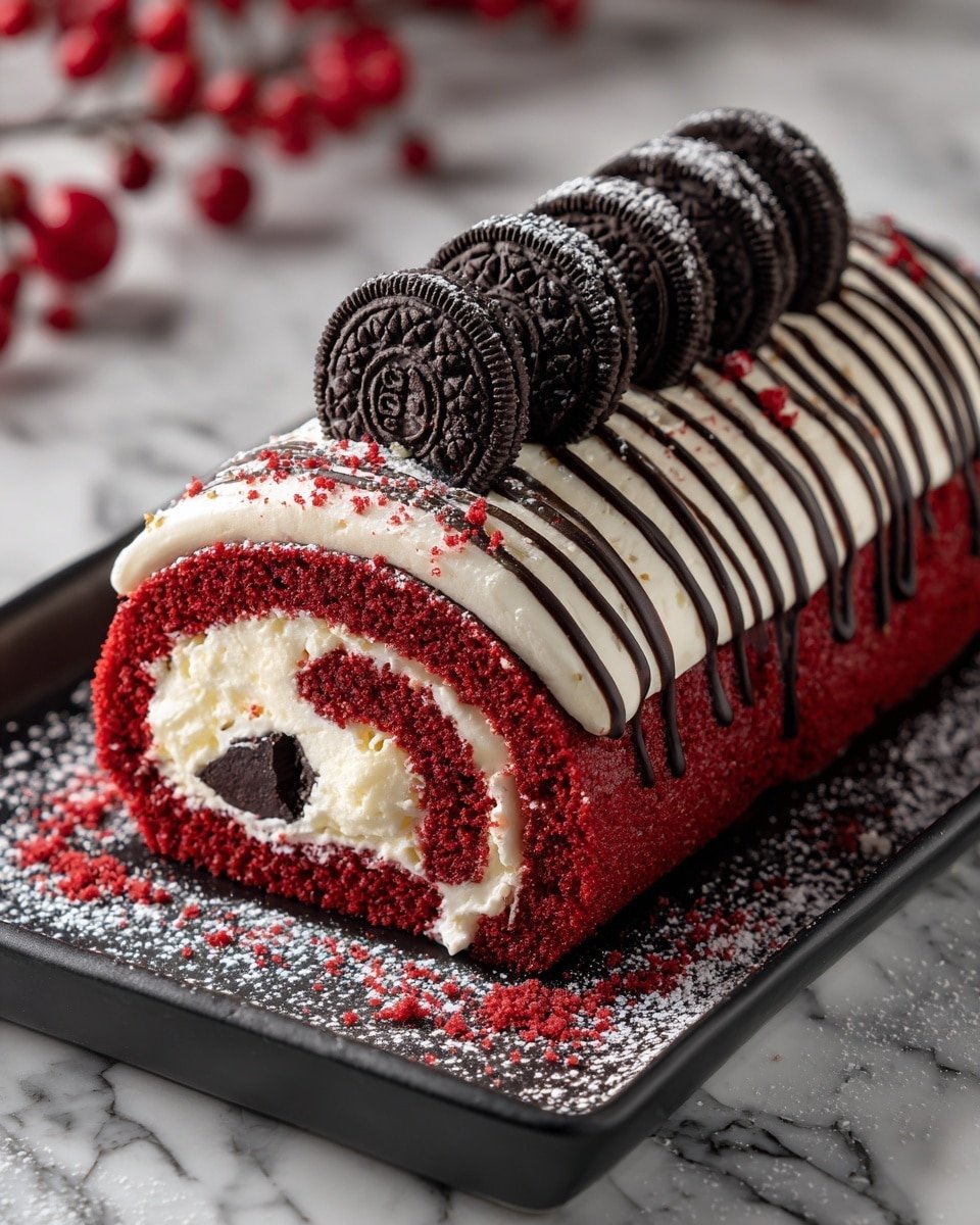 Red Velvet Cake Roll with Cream Cheese Filling Recipe - Recipe Image — Red Velvet Cake Roll with Cream Cheese Filling, classic red velvet cake roll, festive dessert recipes, creamy cream cheese filling, moist red velvet cake