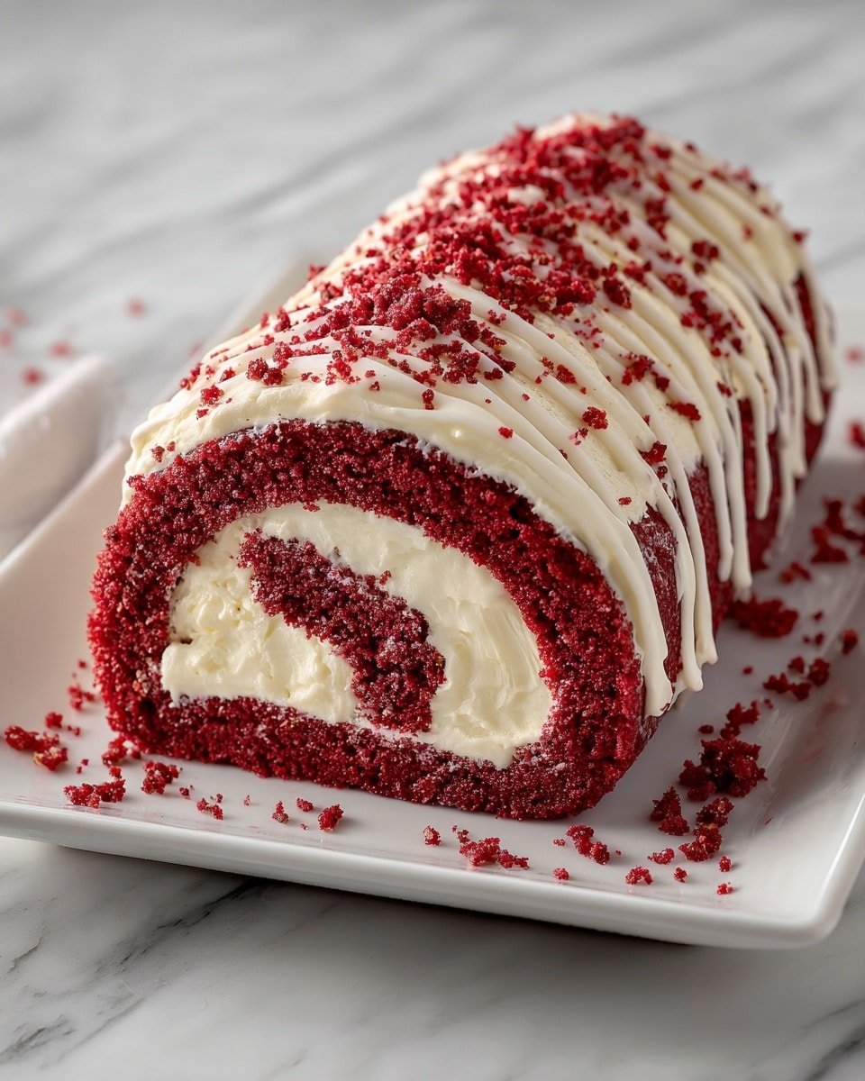 Red Velvet Cake Roll with Cream Cheese Filling Recipe - Recipe Image — Red Velvet Cake Roll with Cream Cheese Filling, classic red velvet cake roll, festive dessert recipes, creamy cream cheese filling, moist red velvet cake