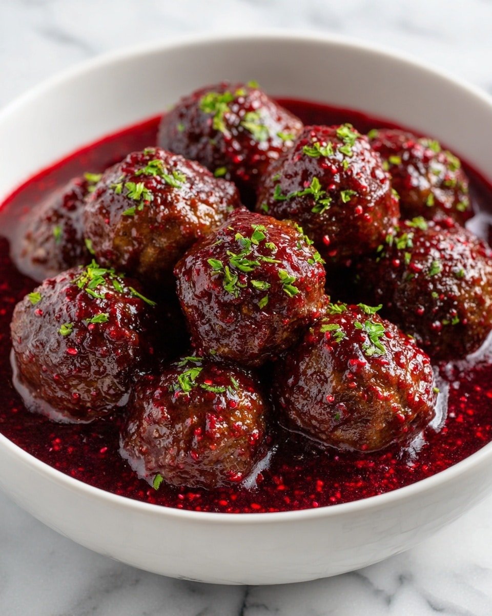 A white bowl filled with about fifteen round meatballs covered in shiny dark red sauce, placed evenly inside the bowl. The sauce has visible small red berries giving a textured look, and the meatballs have a brown color with some sauce dripping down. Small green leafy herbs are sprinkled on top of the meatballs and sauce for a fresh touch. The bowl sits on a beige cloth with a white marbled surface background. Photo taken with an iphone --ar 4:5 --v 7 — Quick Christmas Cranberry Meatballs, festive holiday appetizer, easy holiday snacks, quick meatball recipes, Christmas party appetizers