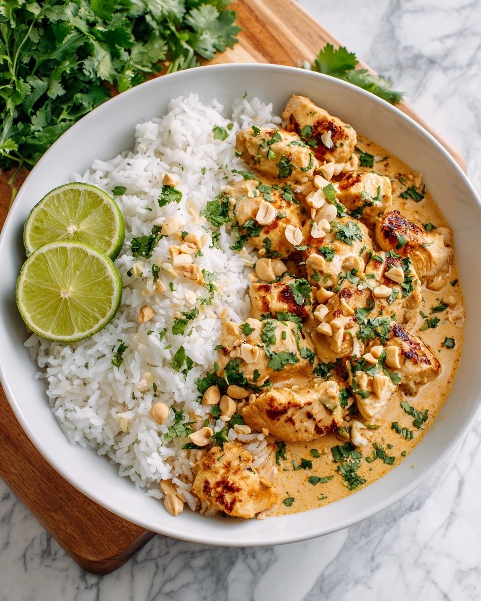 A white bowl filled with two main layers: the left side has a bed of fluffy white rice with individual grains visible, and the right side holds grilled chicken pieces covered in creamy light tan sauce. The chicken has a light char with some dark grill marks, and is topped with small green herb leaves and chopped peanuts. Two lime slices with a bright green color rest on the left side next to the rice. The bowl is placed on a white marbled surface with parts of another similar bowl and fresh green herbs visible in the background. photo taken with an iphone --ar 4:5 --v 7 — Thai Peanut Chicken, easy Thai chicken recipes, flavorful chicken dinners, quick peanut chicken, weeknight Thai chicken