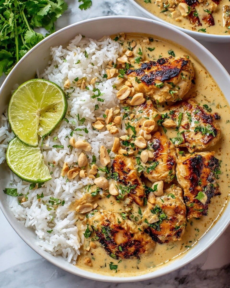 A white bowl filled with two main layers: on the left side, a mound of fluffy white rice with separate grains, and covering the right side and partially overlapping the rice, a layer of grilled chicken pieces coated in a creamy tan sauce. The chicken looks slightly charred in spots with golden brown grill marks. The dish is garnished with bright green chopped cilantro leaves and small chopped peanuts scattered on top. Two fresh lime slices, vibrant green with a glossy texture, rest on the side of the rice. The bowl is placed on a white marbled surface, and some fresh green herbs are slightly visible on a wooden board in the background. Photo taken with an iphone --ar 4:5 --v 7 — Thai Peanut Chicken, easy Thai chicken recipes, flavorful chicken dinners, quick peanut chicken, weeknight Thai chicken