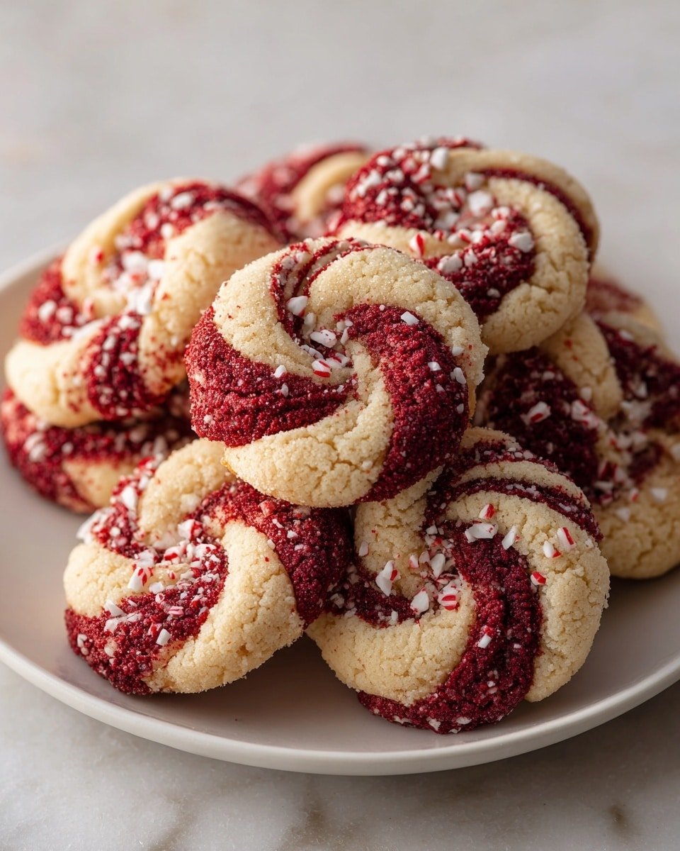 A white plate holds a stack of round, twisted cookies with two colors swirled together: creamy off-white and deep red. The cookies have a crumbly texture, with the red parts sprinkled with small white bits that look like crushed peppermint. The cookies are piled closely, filling the plate, and the white marbled surface underneath adds a clean, soft background. The light softly hits the cookies from the side, showing their detail and texture well. photo taken with an iphone --ar 4:5 --v 7 — Candy Cane Cookies, festive holiday cookies, peppermint cookie recipe, holiday baking ideas, Christmas cookie recipes