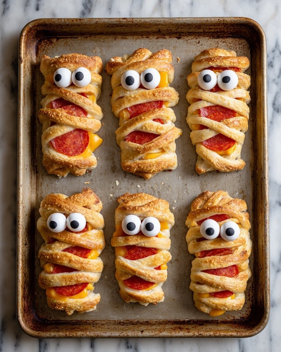 Spooky Cute Baked Cheese Mummies Recipe - Recipe Image — Spooky Cute Baked Cheese Mummies, Halloween cheese appetizers, cheesy spooky snacks, puff pastry mummies, easy Halloween party starters