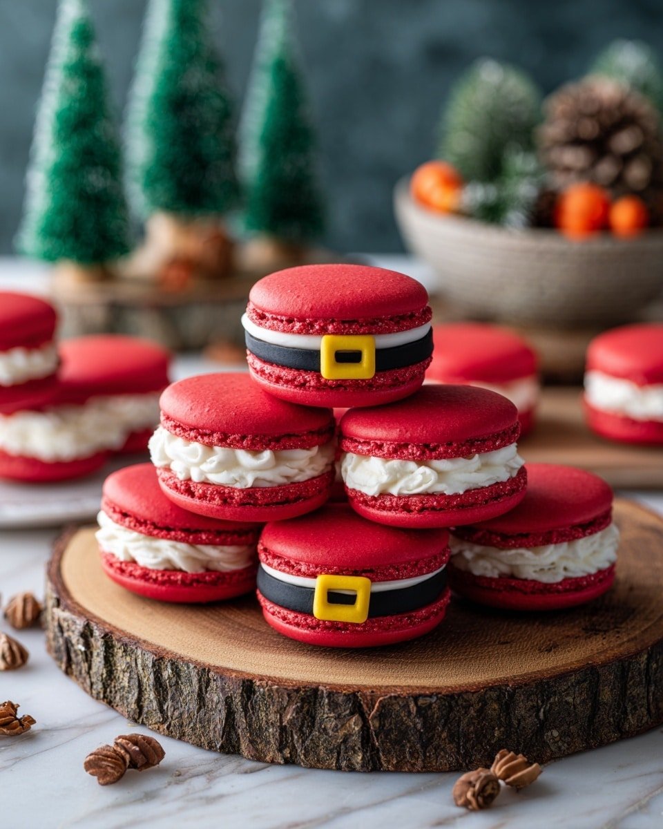 Santa Claus Macarons Recipe - Recipe Image — Santa Claus Macarons, holiday themed macarons, Christmas cookie ideas, festive French macarons, Santa inspired desserts