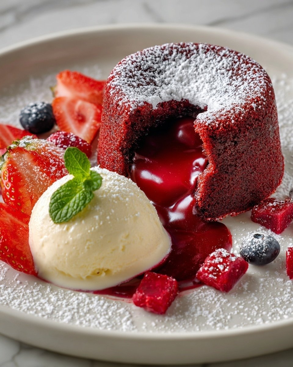 Red Velvet Molten Lava Cake Recipe - Recipe Image — Red Velvet Molten Lava Cake, molten lava cake dessert, red velvet cake recipe, gooey chocolate lava cake, decadent red velvet dessert