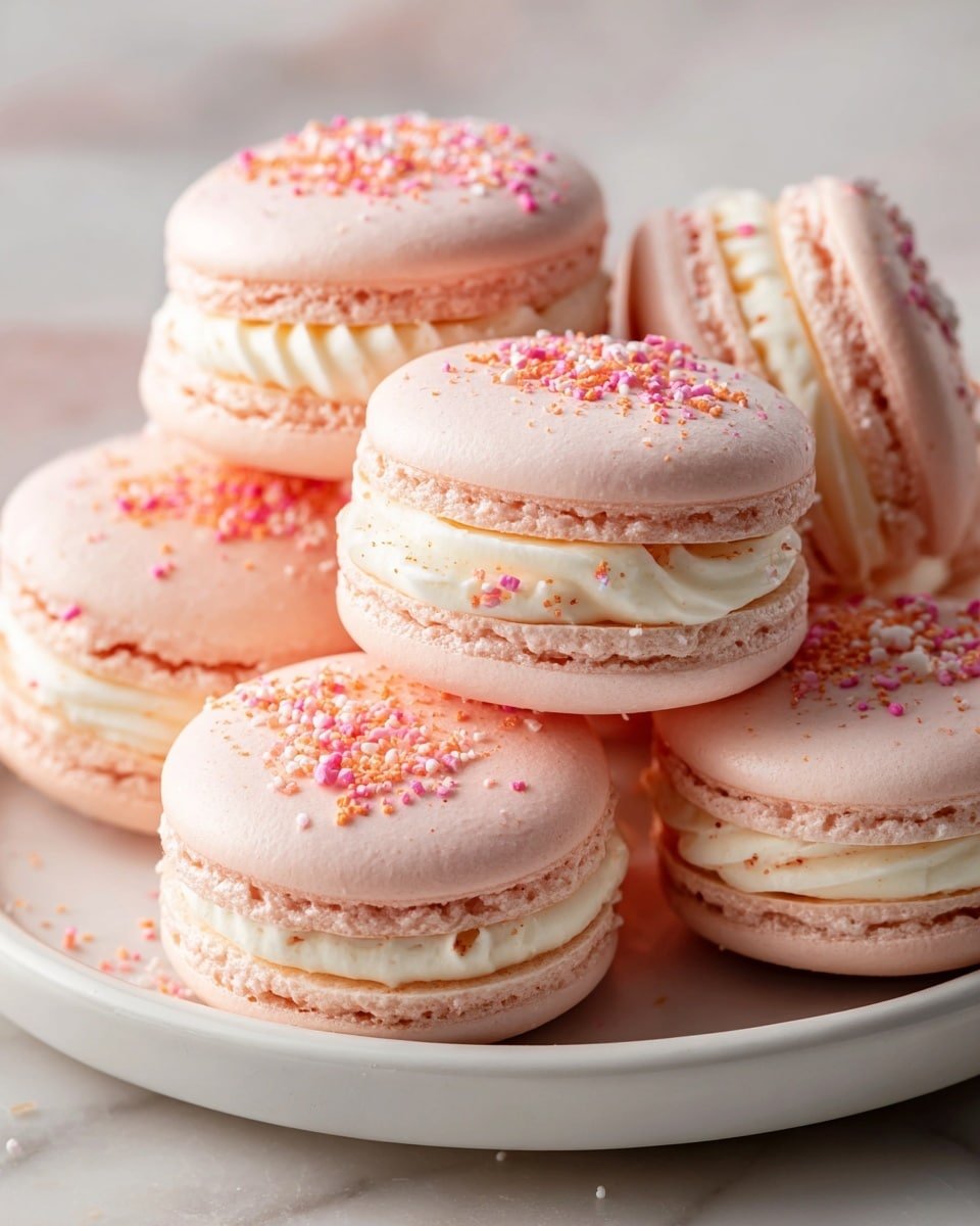 Strawberry Cheesecake Macarons Recipe - Recipe Image — Strawberry Cheesecake Macarons, French Macaron Recipe, Elegant Dessert Recipes, Fruit-filled Macarons, Homemade Cheesecake Macarons