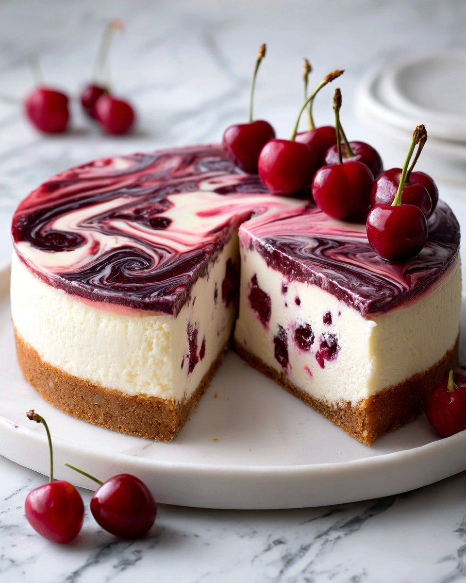 Strawberry Swirl Cheesecake Recipe - Recipe Image — Strawberry Swirl Cheesecake, strawberry cheesecake, creamy cheesecake recipes, fruity dessert, easy dessert recipes