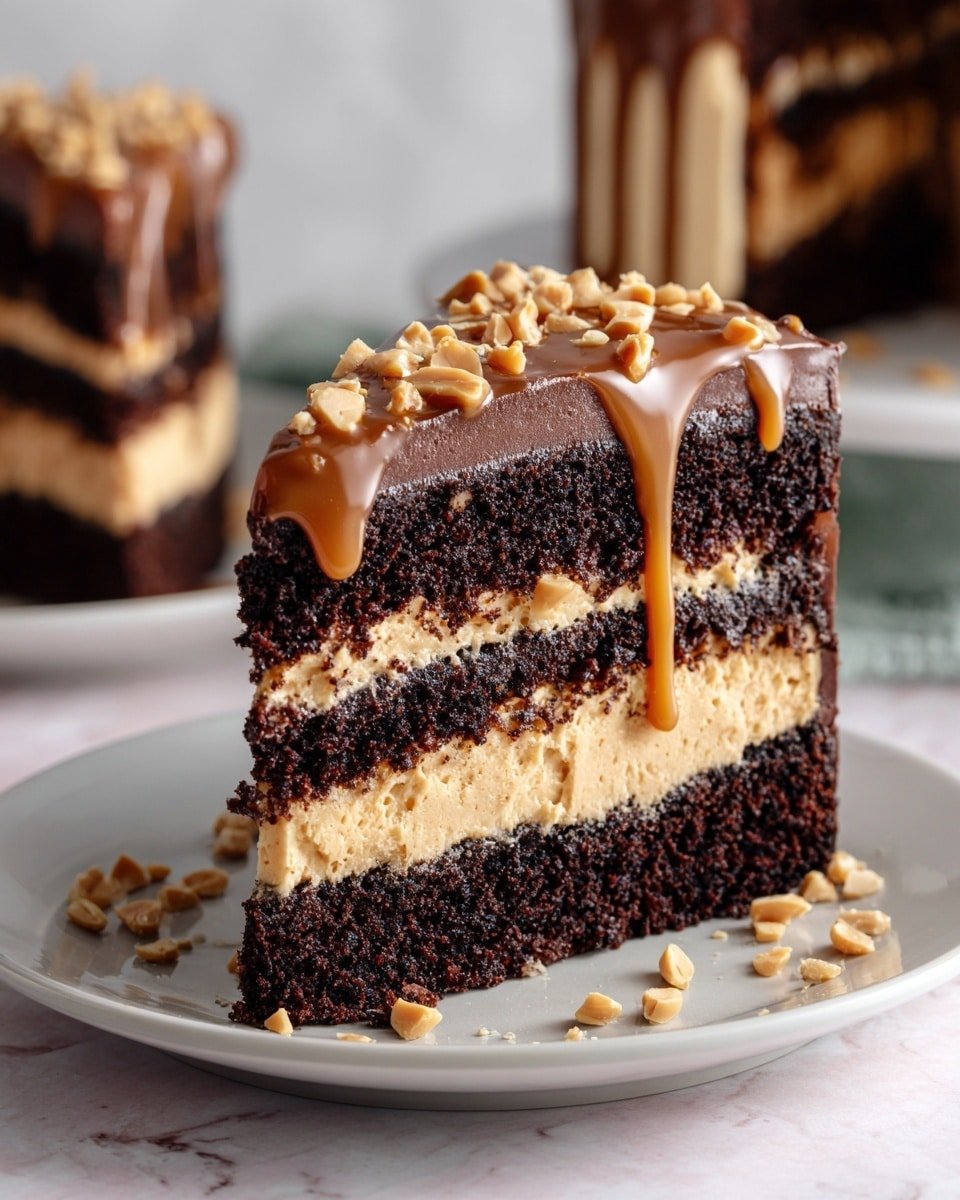 Chocolate Snickers Cake Recipe - Recipe Image — Chocolate Snickers Cake, Snickers chocolate cake, layered chocolate cake with peanut butter, caramel crunch cake, indulgent candy bar dessert