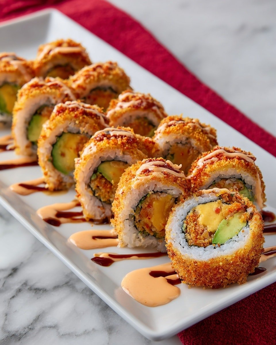 Crispy Fried Salmon & Avocado Sushi Rolls with Spicy Mayo and Sweet Soy Glaze Recipe - Recipe Image — Crispy Fried Salmon & Avocado Sushi Rolls with Spicy Mayo and Sweet Soy Glaze, sushi rolls recipe, crispy salmon sushi, avocado sushi rolls, spicy mayo sushi