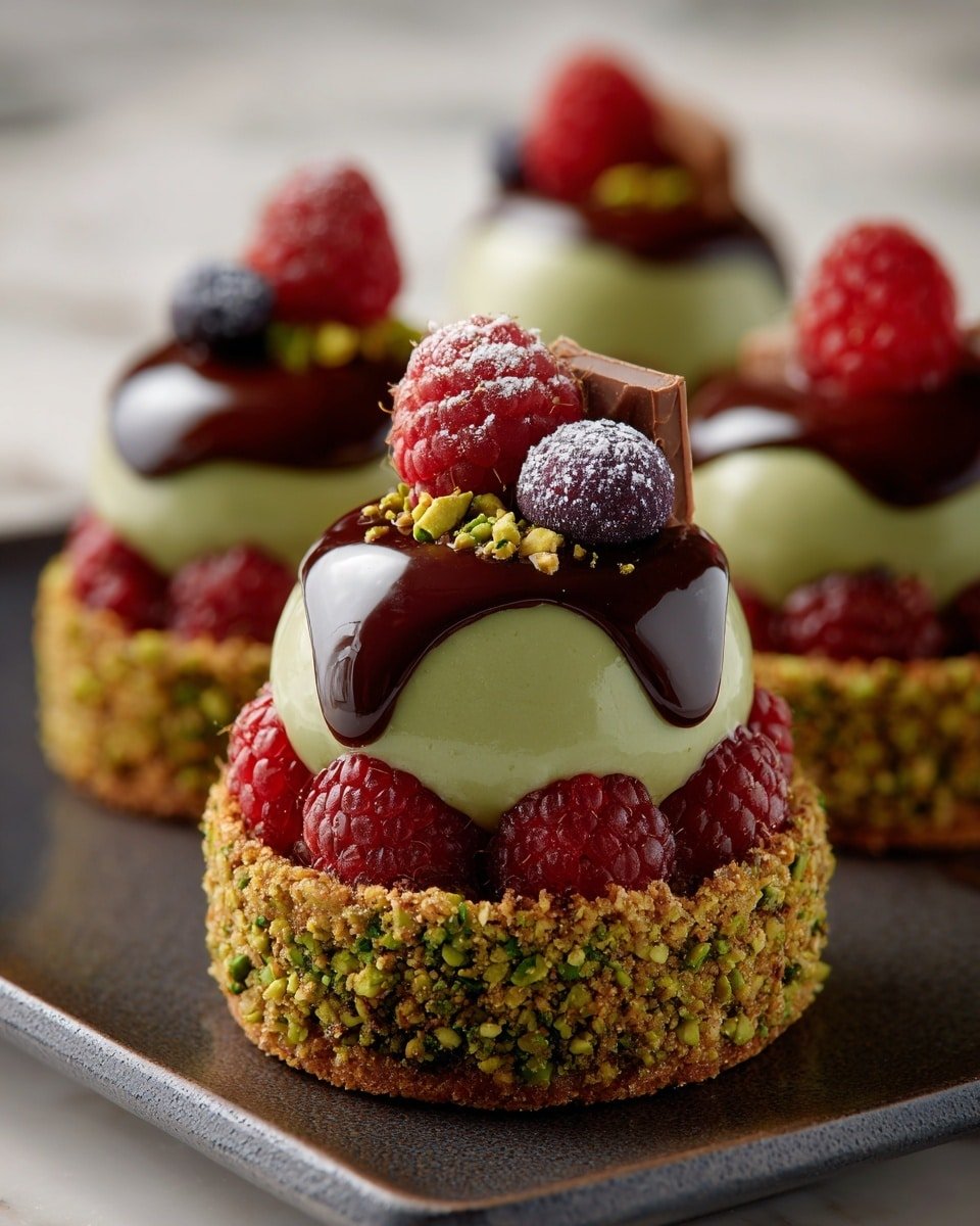 Pistachio & Raspberry Cheesecake Domes Recipe - Recipe Image — Pistachio & Raspberry Cheesecake Domes, elegant cheesecake desserts, raspberry and pistachio dessert, mirror glazed cheesecake, no-bake cheesecake treats
