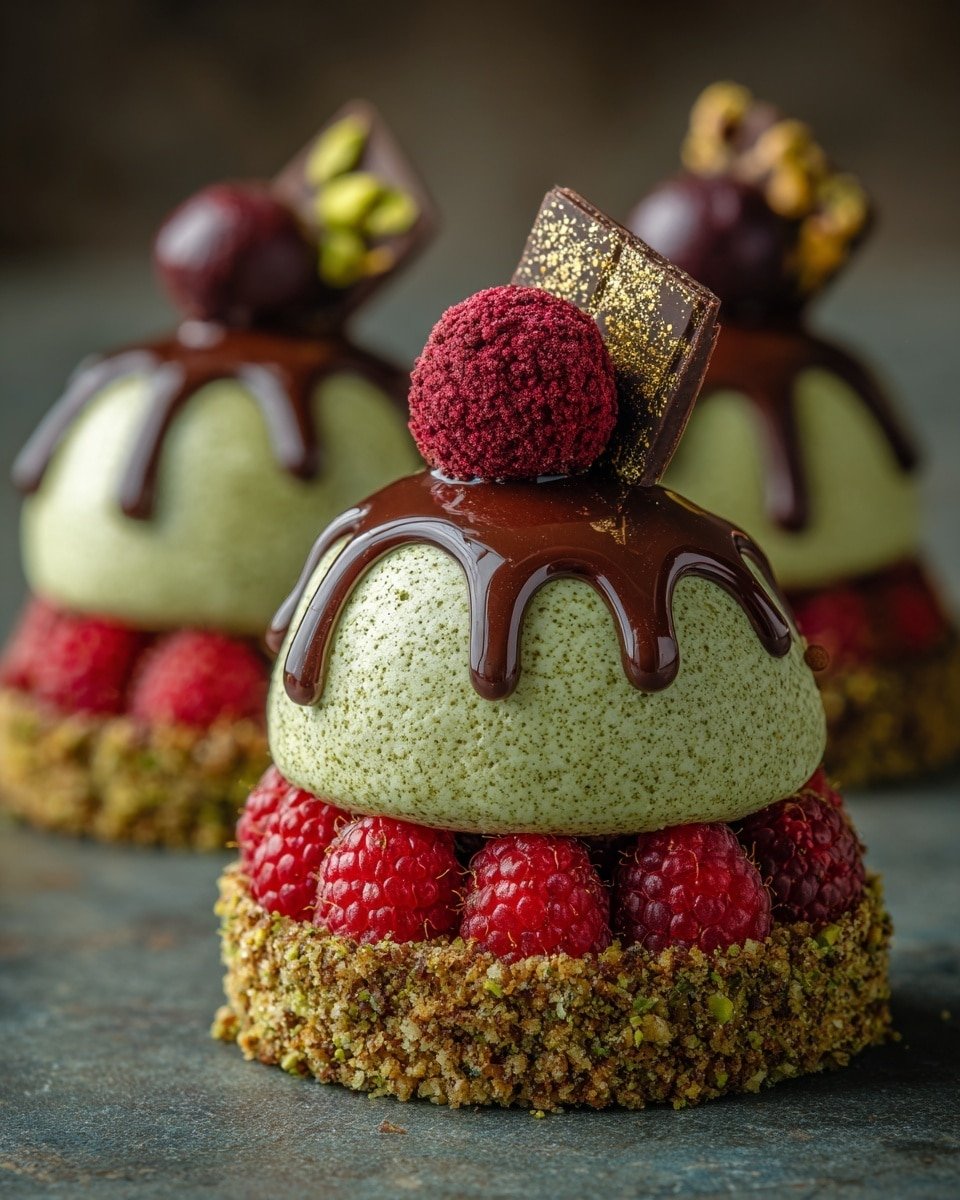 Pistachio & Raspberry Cheesecake Domes Recipe - Recipe Image — Pistachio & Raspberry Cheesecake Domes, elegant cheesecake desserts, raspberry and pistachio dessert, mirror glazed cheesecake, no-bake cheesecake treats