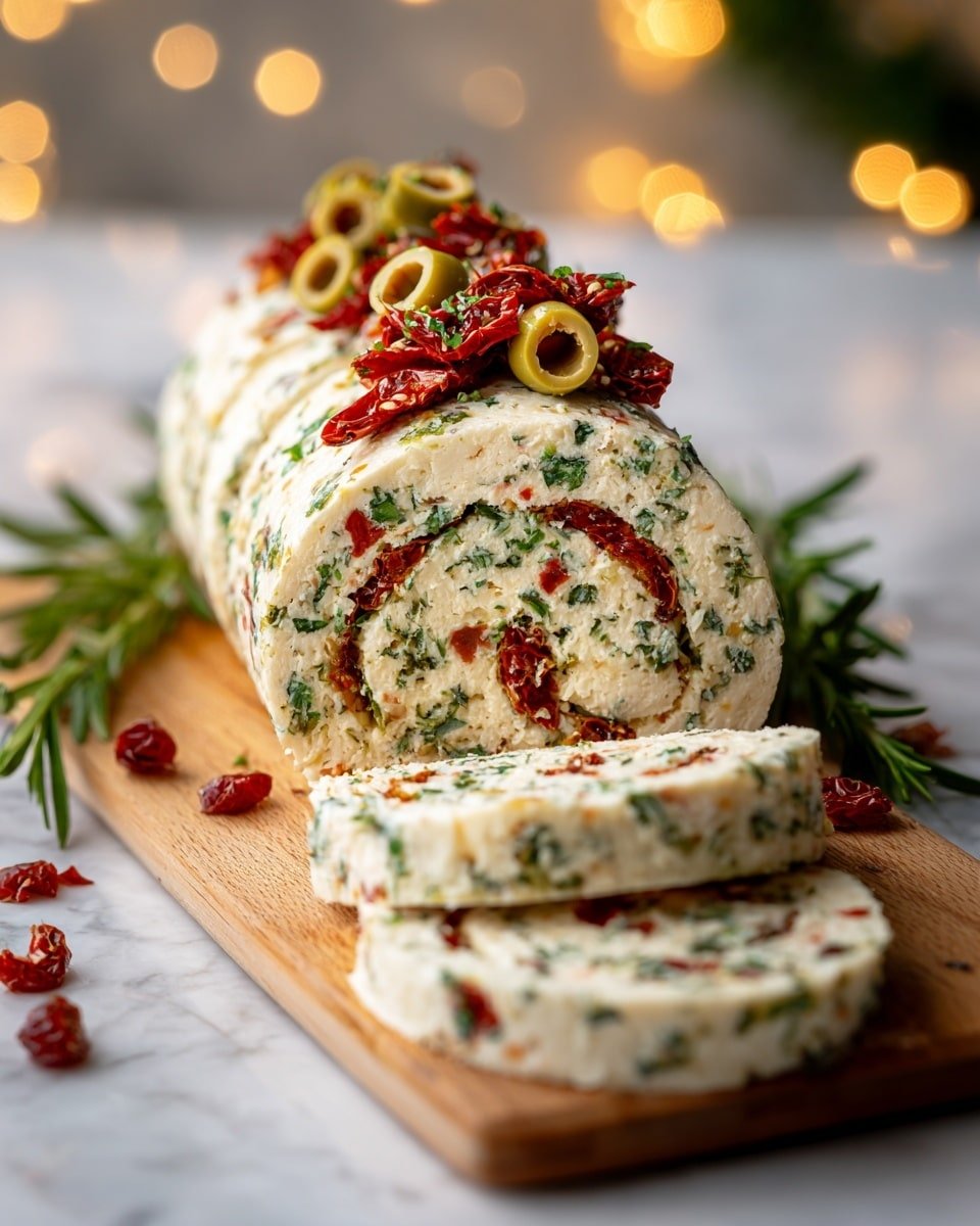 Antipasto Cream Cheese Log with Olives, Red Peppers, Cranberries, and Herbs Recipe - Recipe Image — Antipasto Cream Cheese Log, appetizer with olives and red peppers, party cheese ball with cranberries, flavorful cheese roll with herbs, festive appetizer ideas
