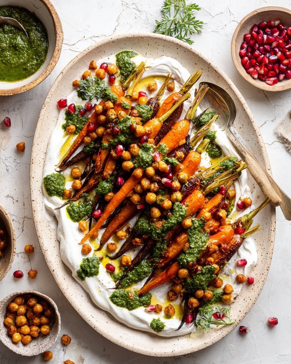 Honey Harissa Carrots with Pistachio Pesto and Herby Yogurt Recipe - Recipe Image — Honey Harissa Carrots with Pistachio Pesto and Herby Yogurt, roasted carrot side dish, healthy vegetable recipes, flavorful vegetable sides, easy harissa carrot recipe