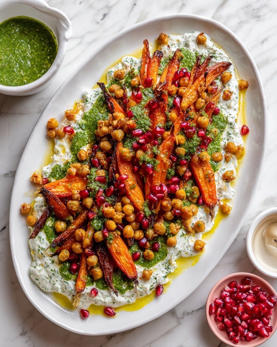 Honey Harissa Carrots with Pistachio Pesto and Herby Yogurt Recipe - Recipe Image — Honey Harissa Carrots with Pistachio Pesto and Herby Yogurt, roasted carrot side dish, healthy vegetable recipes, flavorful vegetable sides, easy harissa carrot recipe