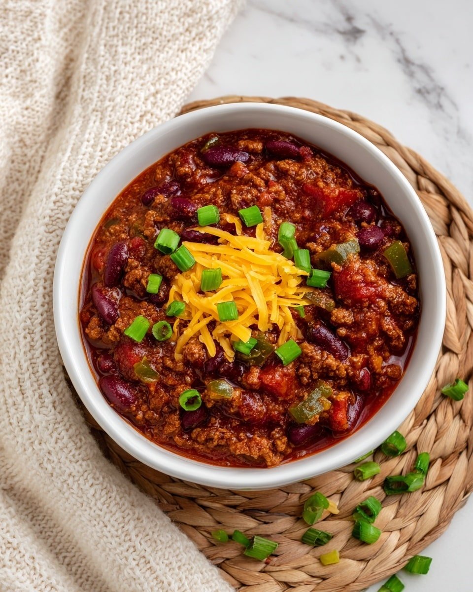 A white bowl with a textured pattern holds a thick chili that has a rich, brown ground meat base mixed with dark red kidney beans and small pieces of green and red bell peppers. On top, there is a mound of shredded yellow cheese and sprinkled chopped bright green onions. The bowl sits on a woven brown mat, and the surface underneath has a white marbled texture. Soft light highlights the hearty texture and colors of the chili. Photo taken with an iphone --ar 4:5 --v 7 — Award-Winning Southern Soul Chili, southern chili recipe, hearty chili with beans, soulful chili dish, comforting chili dinner