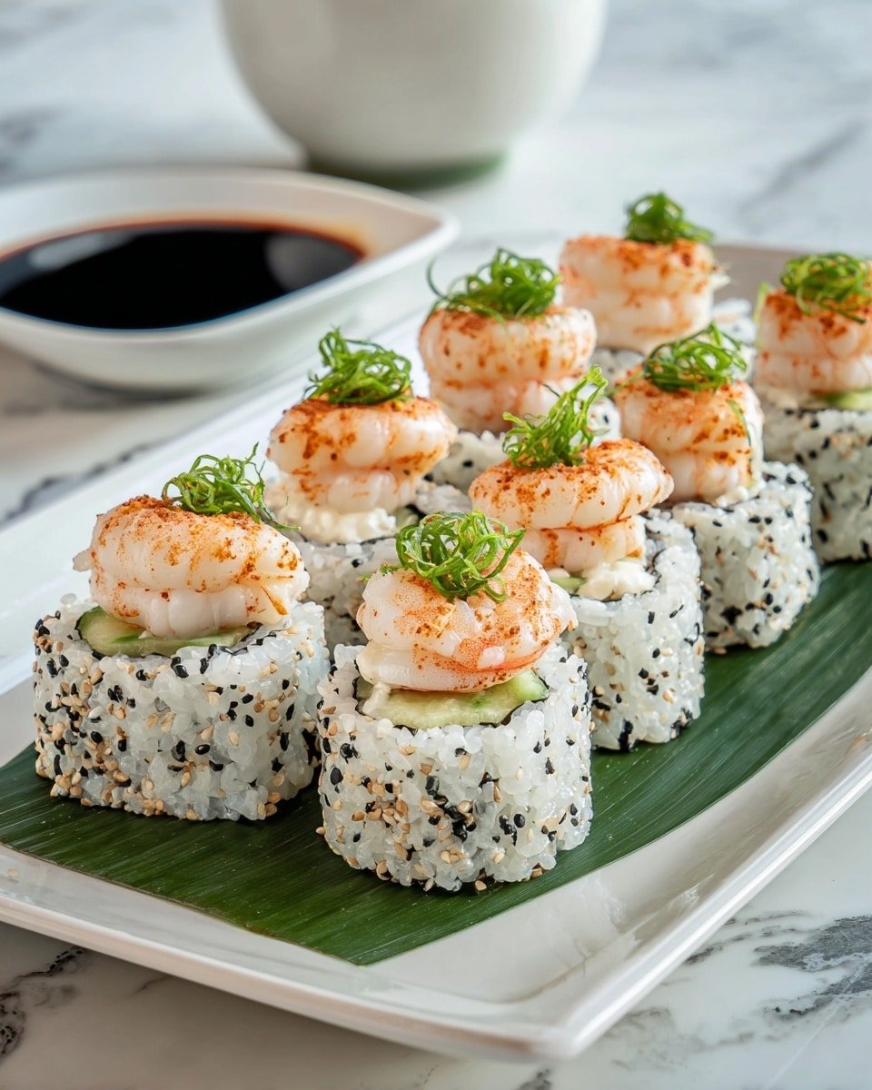 The image shows eight pieces of sushi rolls arranged in two rows on a rectangular white plate with a green leaf base. Each sushi roll has an outer layer of sticky white rice sprinkled with white and black sesame seeds and a light orange seasoning. Inside, there is a layer of cream-colored filling and a piece of green cucumber. On top of each piece is a thin, slightly curled slice of cooked shrimp with a light orange and white color. In the center of the sushi, there is a small pile of finely chopped green onions. In the background, a white marbled texture surface is visible with a small white dish containing dark soy sauce and a black bowl with light green wasabi. Photo taken with an iphone --ar 4:5 --v 7 — Shrimp Sushi Rolls, homemade sushi recipes, easy sushi with shrimp, Japanese-inspired seafood sushi, quick shrimp sushi ideas