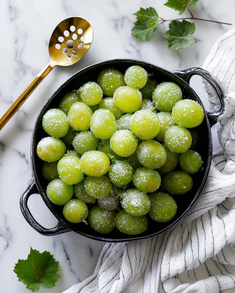 A black bowl filled with many small green grapes covered in white sugar crystals. The bowl has two handles and sits on a white marbled surface. Around the bowl, there is a golden slotted spoon on the left side and a striped white cloth on the bottom right. Some small green leaves are scattered around on the surface. Photo taken with an iphone --ar 4:5 --v 7 — Candied Frozen Sour Grapes, sour grape snack, frozen grape treats, candied grape recipe, refreshing fruit snack