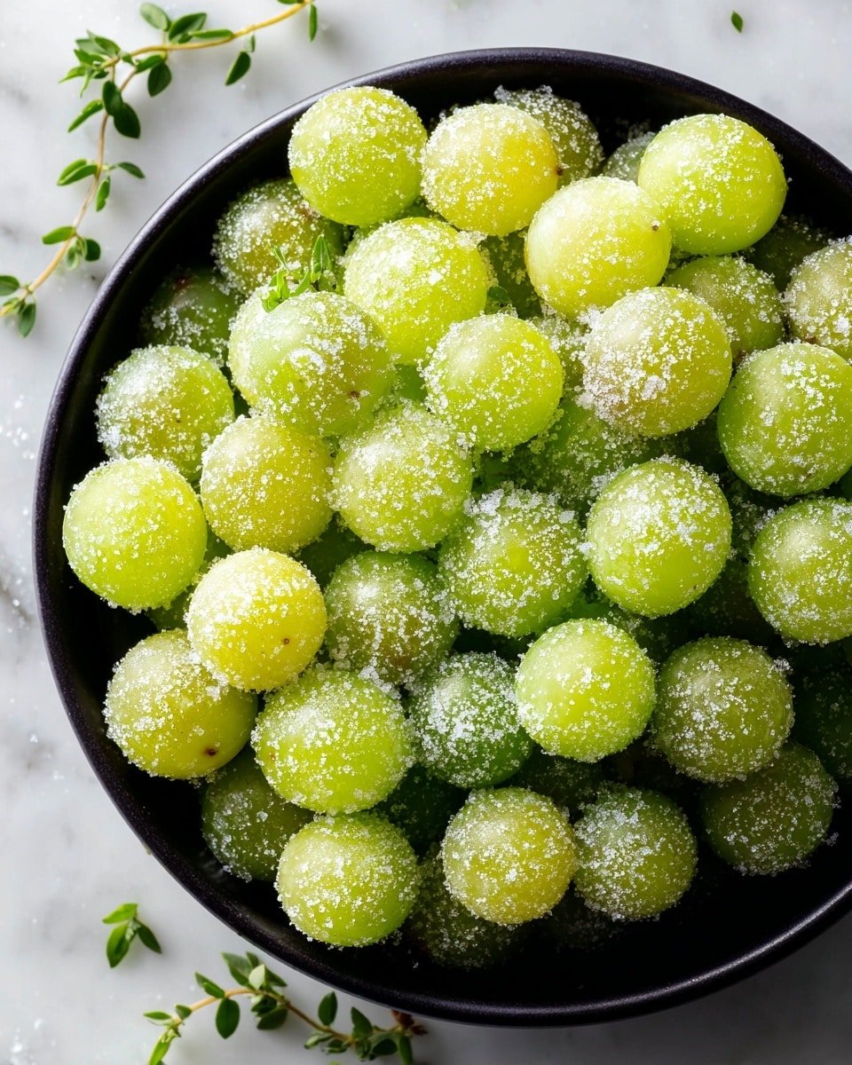 A black bowl filled with many small round green grapes that are covered with coarse white sugar crystals. The grapes are packed closely together, showing bright, shiny green skin beneath the sugar. The bowl is placed on a white marbled surface with a few small green herb leaves scattered around. The lighting highlights the sugar's rough texture and the grapes' smooth skin, making the grapes look fresh and sweet photo taken with an iphone --ar 4:5 --v 7 — Candied Frozen Sour Grapes, sour grape snack, frozen grape treats, candied grape recipe, refreshing fruit snack