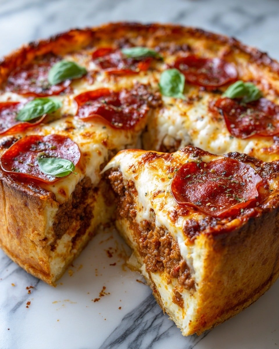 Deep Hamburger Sausage and Pepperoni Pie Recipe - Recipe Image — Deep Hamburger Sausage and Pepperoni Pie, hearty meat pie, cheesy sausage pepperoni casserole, savory meat pie recipe, easy baked meat pie
