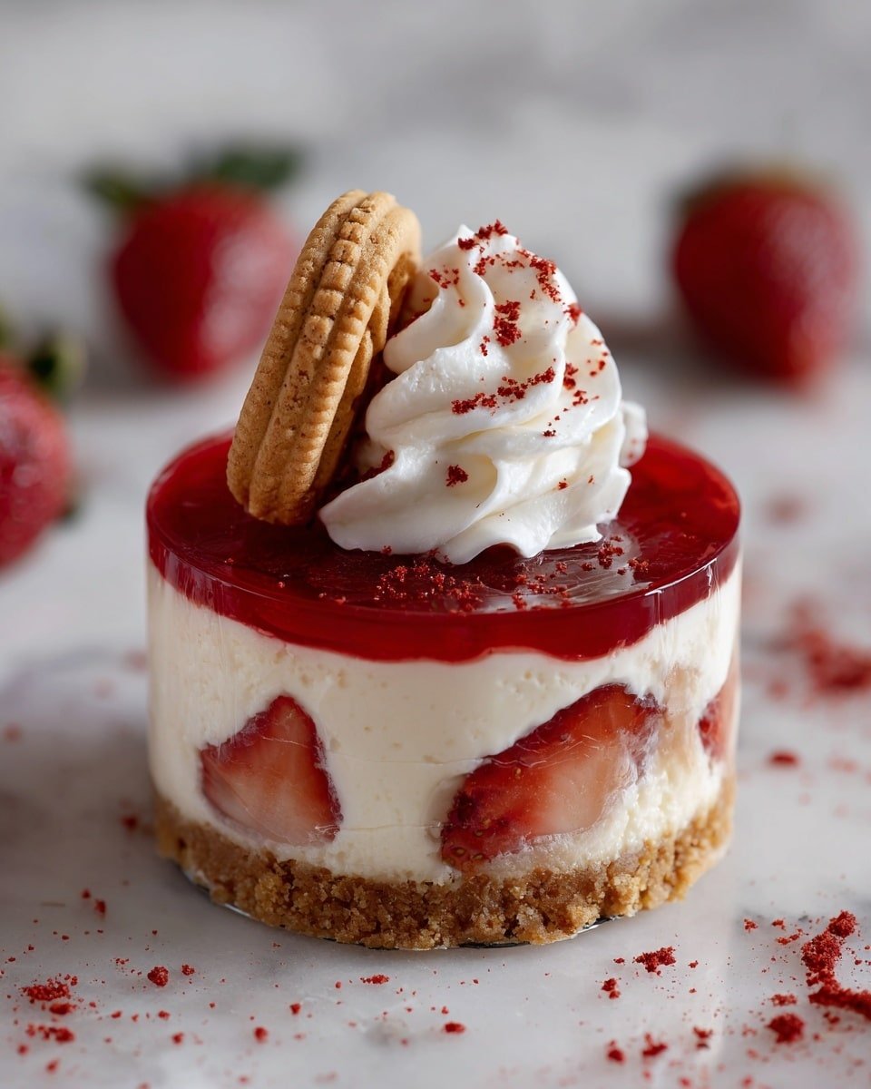 Mini Jammy Dodger Strawberry Cheesecakes Recipe - Recipe Image — Mini Jammy Dodger Strawberry Cheesecakes, strawberry no-bake cheesecakes, fruit cheesecakes with jammy dodgers, easy individual strawberry cheesecakes, charming summer dessert recipes