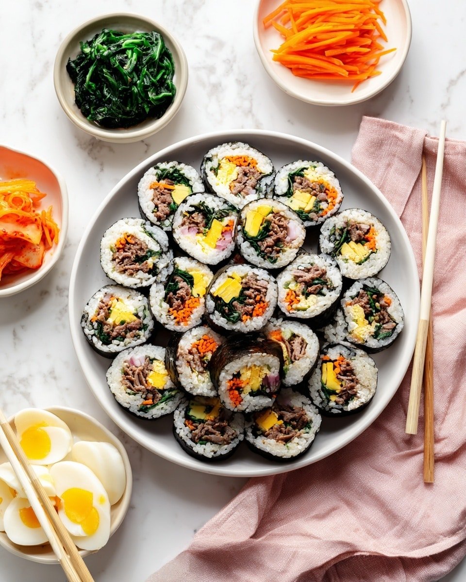 A round white plate filled with many sushi rolls, each roll showing five distinct layers: an outer thin black seaweed layer, a thick white rice layer inside, then layers of orange carrot, green spinach, yellow pickled radish, and pieces of dark brown meat and light yellow egg layered close to each other in the center; the sushi rolls are arranged in a pile. Around the main plate, smaller white bowls hold bright green spinach, thinly sliced orange carrots, and light yellow rolled egg slices. A pair of light brown and white chopsticks rests on a pale pink cloth napkin beside the main plate, all set on a white marbled surface. Photo taken with an iphone --ar 4:5 --v 7 — Kimbap Korean Seaweed Rice Rolls, Korean Sushi Rolls, Korean lunchbox ideas, easy Korean kimbap, healthy Korean snack