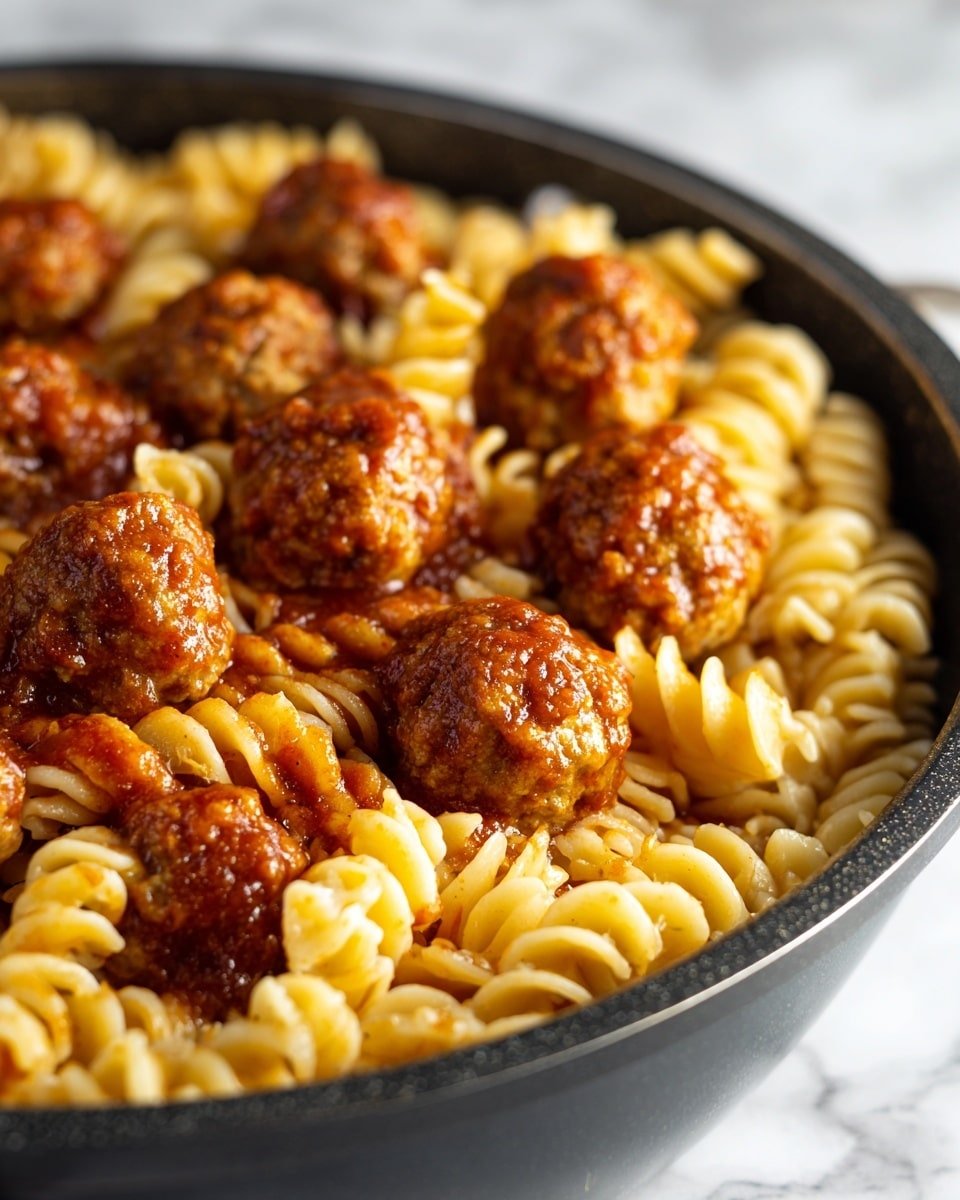 The dish is a close-up view of a black pan filled with spiraled pasta cooked in a bright orange sauce. On top of the pasta, there are evenly spread browned meatballs coated with melted cheese that looks creamy and slightly stringy. Small green herb pieces are sprinkled over the pasta and meatballs, adding a fresh touch of color. The sauce covers the pasta well, giving it a glossy texture, and the meatballs sit nestled among the spirals. The background and surface below are white marble, complementing the vivid colors of the dish photo taken with an iphone --ar 4:5 --v 75 — One-Pot Smoky BBQ Meatball Pasta, smoky BBQ meatball pasta recipe, easy meatball pasta dinner, hearty one-pot pasta, cheesy BBQ pasta dish