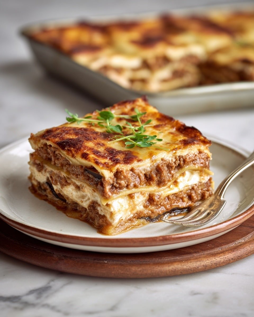 Indulgent Classic Greek Eggplant Moussaka Recipe - Recipe Image — Indulgent Greek Eggplant Moussaka, Greek Moussaka recipe, classic eggplant casserole, Mediterranean eggplant bake, authentic Greek moussaka
