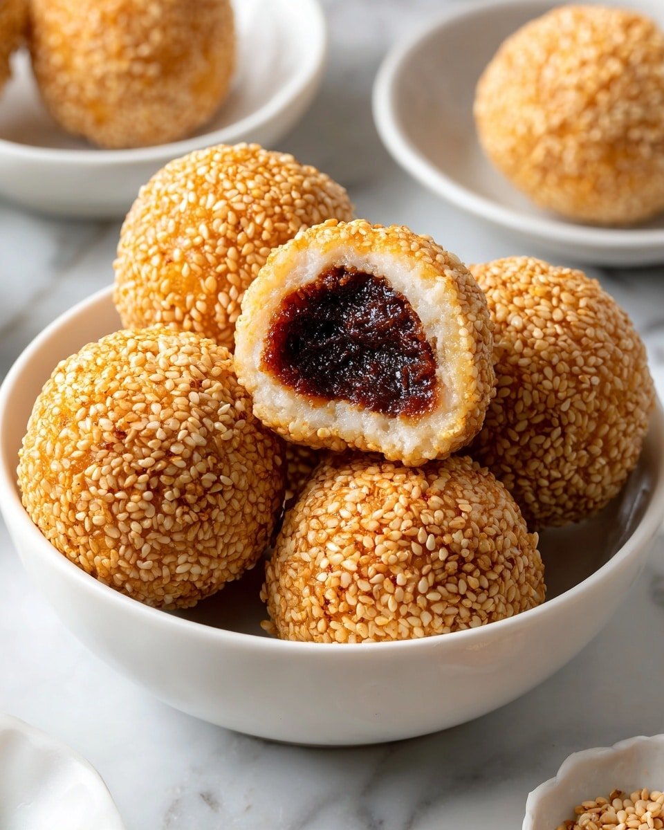 Sesame Balls with Red Bean Paste Recipe - Recipe Image — Sesame Balls with Red Bean Paste, Asian Sesame Balls, Red Bean Paste Snacks, Crunchy Sesame Treasure, Sweet Red Bean Treats