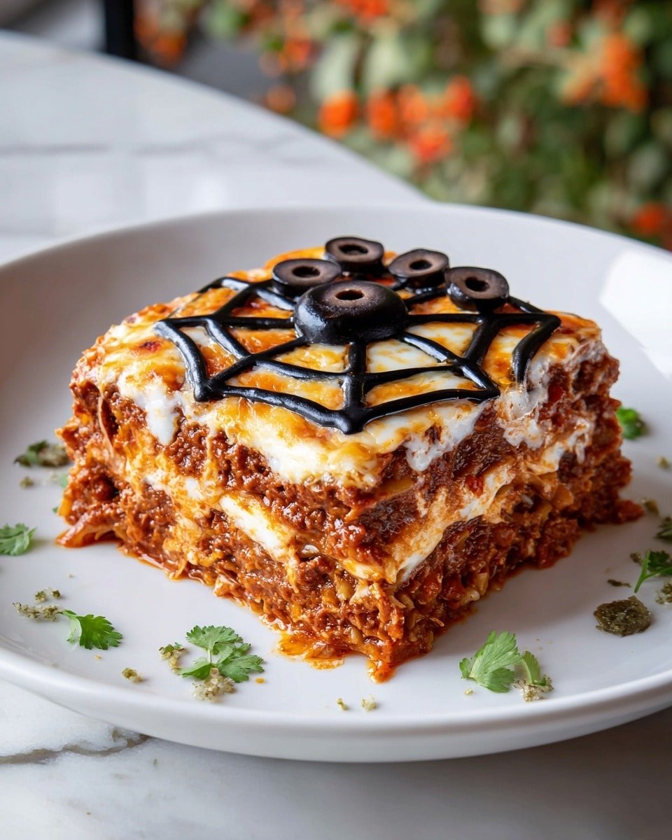 Spiderweb Taco Dip Recipe - Recipe Image — Spiderweb Taco Dip, festive taco dip, layered appetizer, party snack, eye-catching taco dip