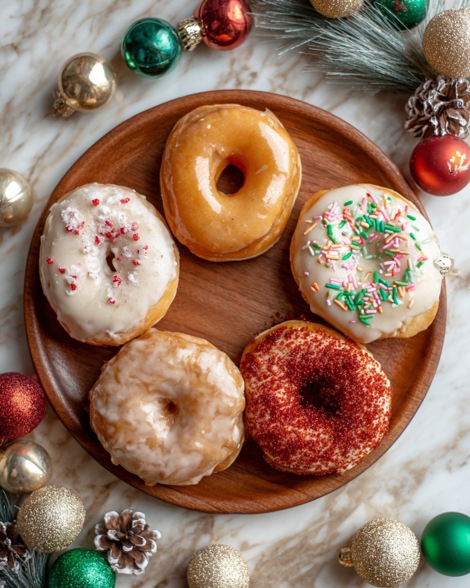 A round wooden plate holds five colorful donuts, each different. The top donut is plain shiny light brown glaze. To the left, there is a donut with white icing and small red sprinkles. The bottom left donut has a caramel-colored glaze with pink, white, and green sprinkles. The top right donut is covered in white icing with red, pink, and green long sprinkles. The bottom right donut is coated with bright red sugar crystals. The plate sits on a dark wooden surface with gold and silver Christmas balls and pine cones around it. Green pine branches frame the right side. Photo taken with an iphone --ar 4:5 --v 7 — Christmas Donuts, holiday donuts recipe, festive donut ideas, Christmas baked donuts, holiday breakfast treats