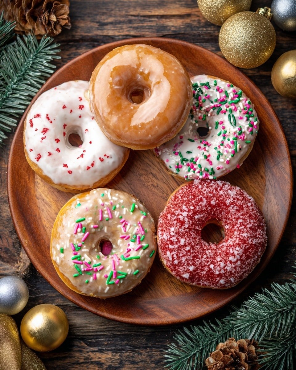 A round wooden plate holds five donuts arranged in a circle on a white marbled surface. At the top center is a plain shiny golden-brown donut. To its left is a white-glazed donut sprinkled with red small pieces. Below it is a caramel-glazed donut decorated with small white, pink, and green sprinkles. To the right of the caramel donut is a donut covered with white glaze and topped with red, green, and white elongated sprinkles. At the bottom right is a donut coated with a thick layer of red sugar or crumbs. The wooden surface around the plate has gold, silver, and red Christmas balls, some green pine branches, and pinecones for decoration. Photo taken with an iphone --ar 4:5 --v 7 — Christmas Donuts, holiday donuts recipe, festive donut ideas, Christmas baked donuts, holiday breakfast treats