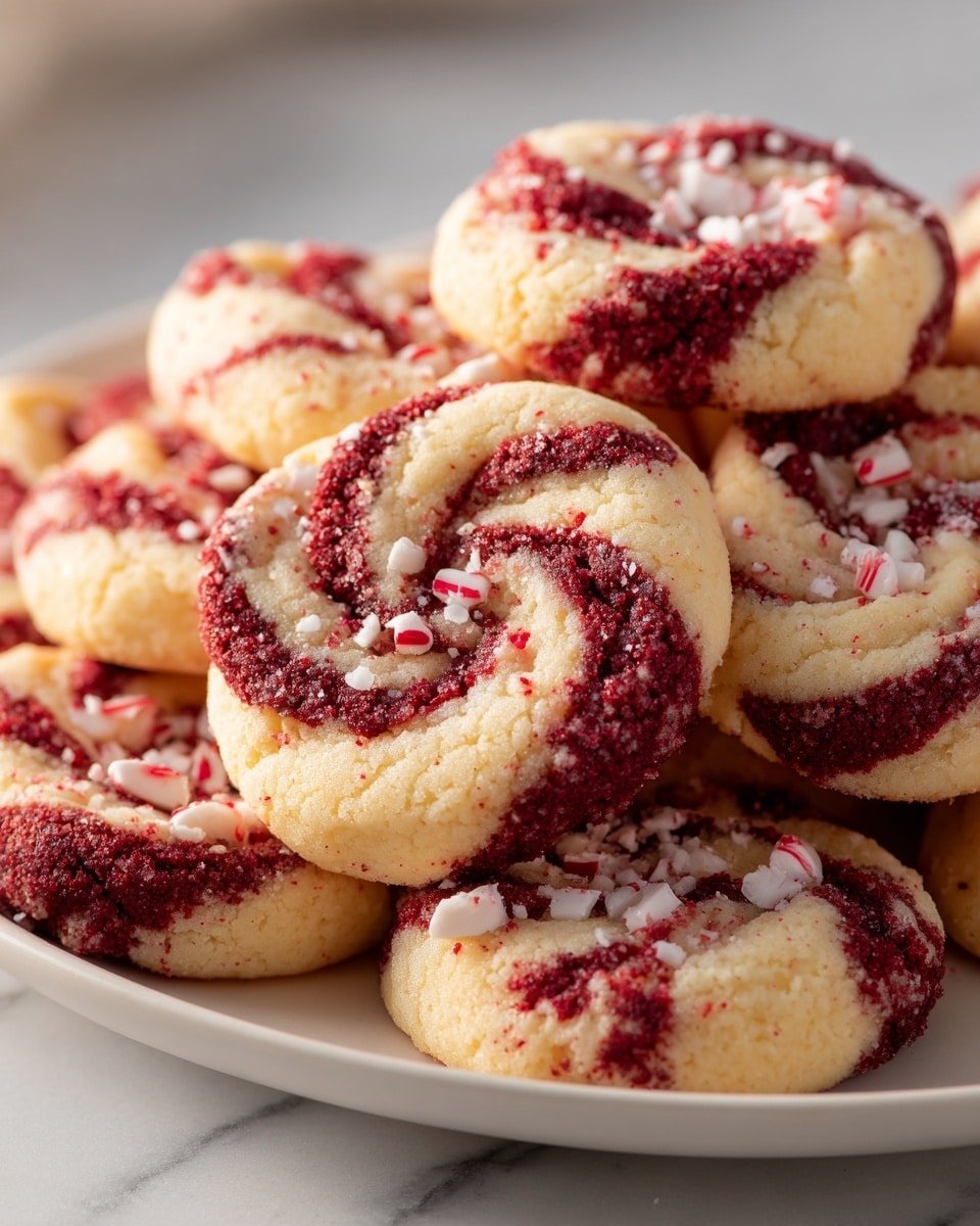 A white plate holds a group of round cookies shaped like twisted rings with a hole in the center. Each cookie has two thick spiral layers: one creamy white and one bright red, with the red part sprinkled with small sugar crystals that give a rough texture. The cookies are close together, some overlapping, and the plate sits on a white marbled surface. The photo is clear and focused on the front cookies with soft natural light. photo taken with an iphone --ar 4:5 --v 7 — Candy Cane Cookies, festive holiday cookies, peppermint cookie recipe, holiday baking ideas, Christmas cookie recipes