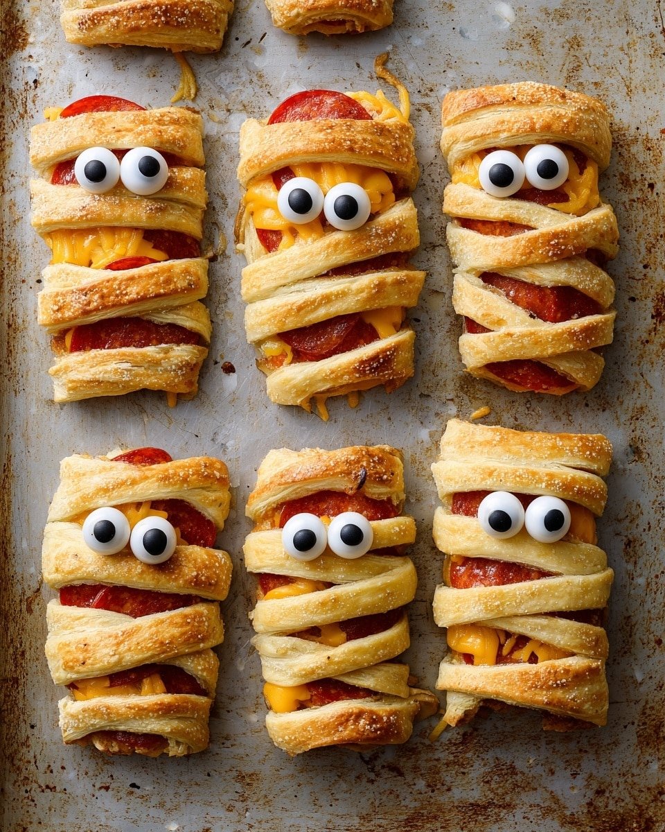 Spooky Cute Baked Cheese Mummies Recipe - Recipe Image — Spooky Cute Baked Cheese Mummies, Halloween cheese appetizers, cheesy spooky snacks, puff pastry mummies, easy Halloween party starters