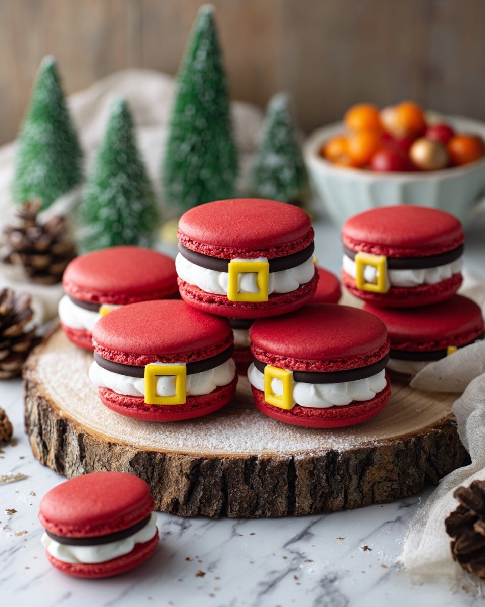 Santa Claus Macarons Recipe - Recipe Image — Santa Claus Macarons, holiday themed macarons, Christmas cookie ideas, festive French macarons, Santa inspired desserts