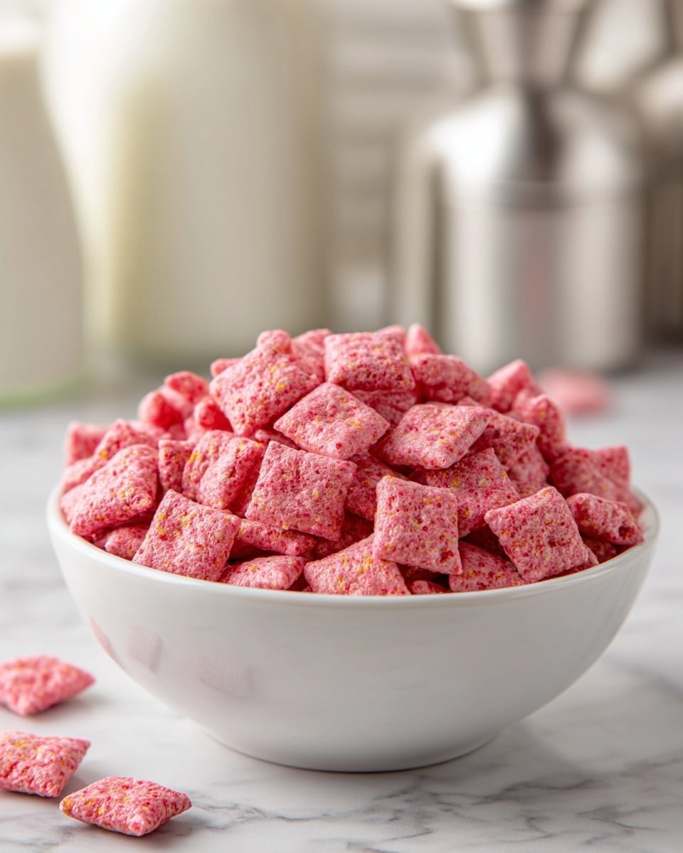 Delicious Strawberry Shortcake Puppy Chow for Sweet Snacking Recipe - Recipe Image — Delicious Strawberry Shortcake Puppy Chow, strawberry shortcake puppy chow, sweet snacking treats, crunchy cereal snack, easy dessert ideas