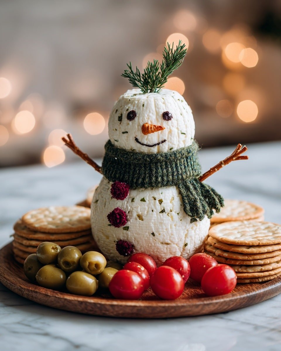 Holiday Snowman Cheese Ball Recipe - Recipe Image — Holiday Snowman Cheese Ball, festive cheese ball appetizer, holiday party cheese dip, winter holiday cheese spread, Christmas cheese ball