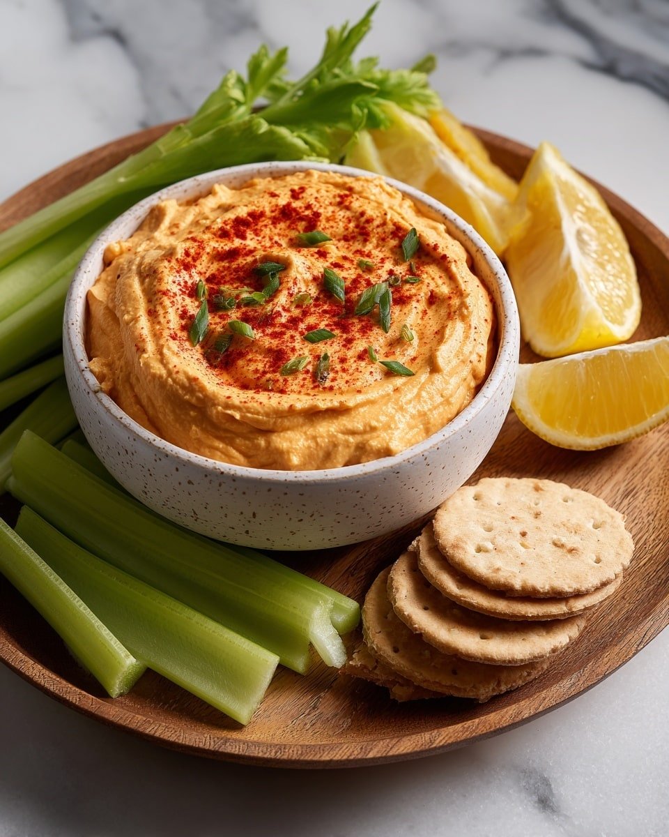 A white textured bowl filled with a thick, creamy orange dip topped with a sprinkle of red spice and small chopped green herbs sits in the center of a round wooden plate. Around the bowl, green celery sticks are arranged on the left side while lemon wedges are placed behind the bowl. On the right side of the plate, there are light brown crackers stacked neatly. The plate is set on a white marbled surface. Photo taken with an iphone --ar 4:5 --v 7 — Buffalo Cottage Cheese Protein Dip, high-protein snack ideas, healthy buffalo cottage cheese dip, easy protein dip recipes, flavorful snack with cottage cheese