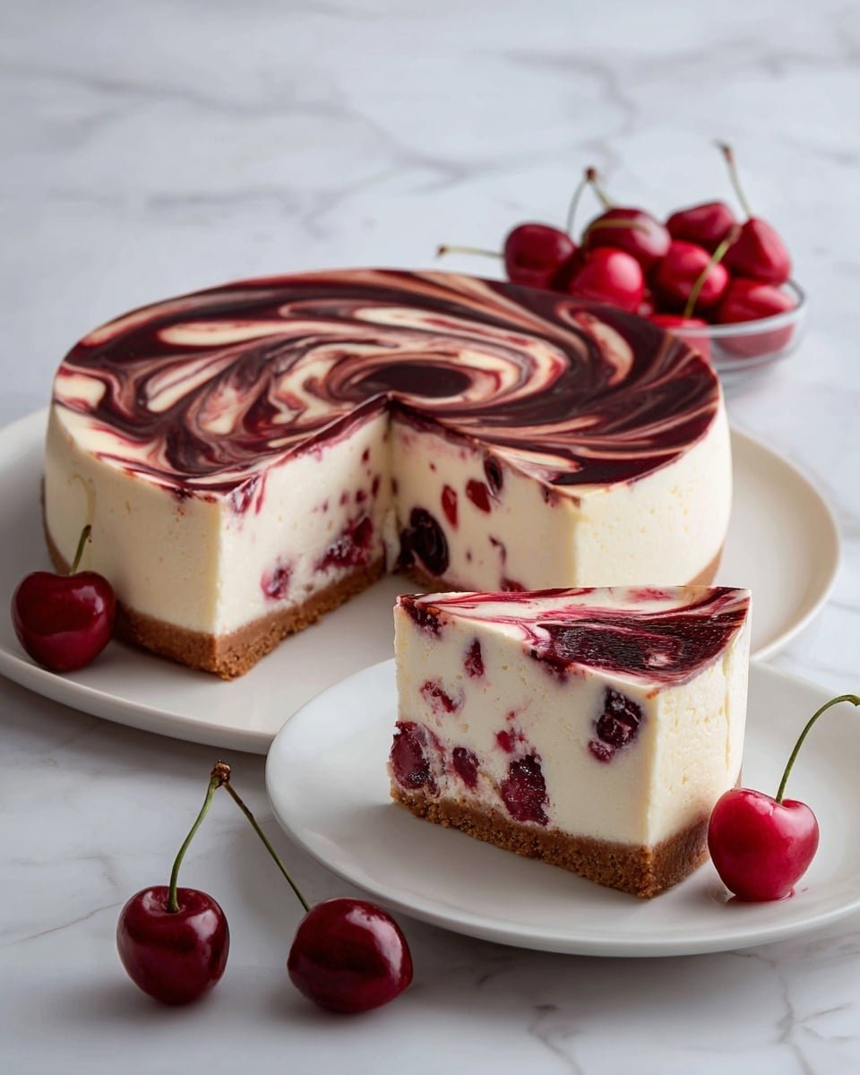 Strawberry Swirl Cheesecake Recipe - Recipe Image — Strawberry Swirl Cheesecake, strawberry cheesecake, creamy cheesecake recipes, fruity dessert, easy dessert recipes