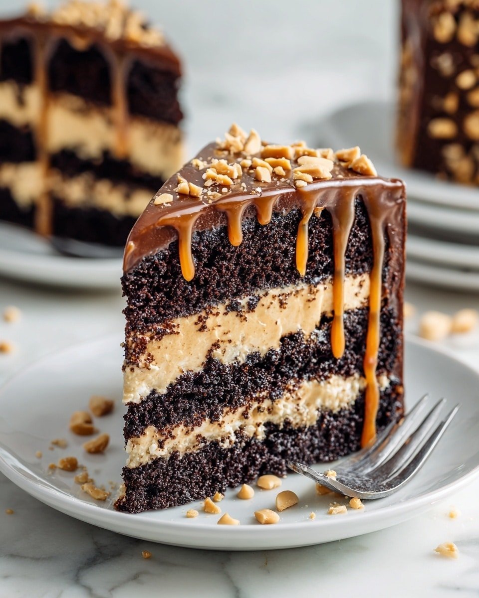 Chocolate Snickers Cake Recipe - Recipe Image — Chocolate Snickers Cake, Snickers chocolate cake, layered chocolate cake with peanut butter, caramel crunch cake, indulgent candy bar dessert