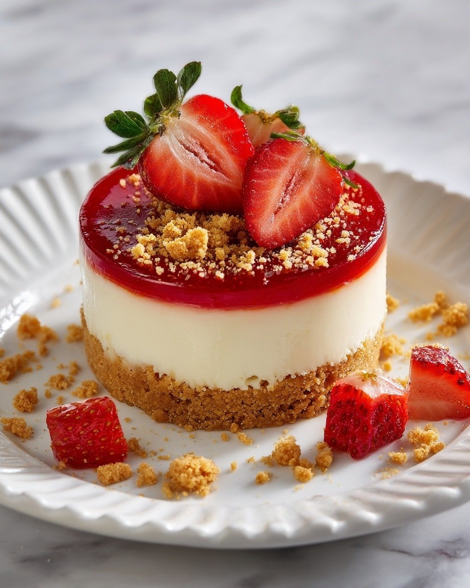 Easy Strawberry Crunch Mini Cheesecake Recipe - Recipe Image — Easy Strawberry Crunch Mini Cheesecake, mini cheesecake recipes, strawberry dessert, no-bake cheesecakes, fruit tartlets