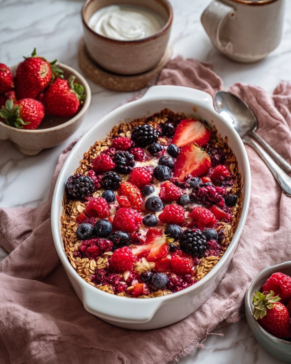 One-Pan Fluffy Mixed Berry Protein Oatmeal Recipe - Recipe Image — One-Pan Fluffy Mixed Berry Protein Oatmeal, healthy berry oatmeal, easy protein breakfast, quick baked oatmeal, wholesome breakfast recipes