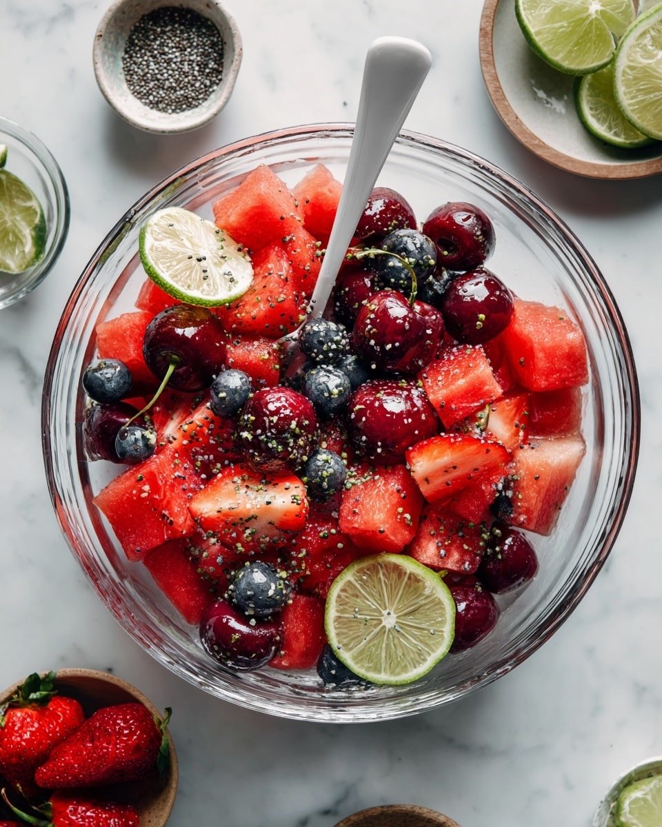 Mixed Berry Salad with Honey Lime Poppyseed Dressing Recipe - Recipe Image — Mixed Berry Salad with Honey Lime Poppyseed Dressing, berry salad recipe, fruit salad with honey lime dressing, fresh berry side dish, easy summer fruit salad