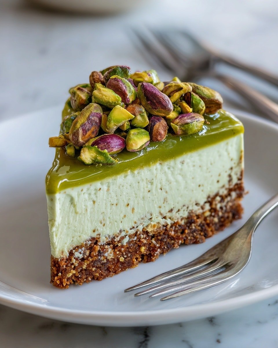 Pistachio Cheesecake With Pistachio Topping Recipe - Recipe Image — Pistachio Cheesecake with Pistachio Topping, pistachio cheesecake recipe, nutty cheesecake dessert, stunning pistachio dessert, homemade pistachio cheesecake