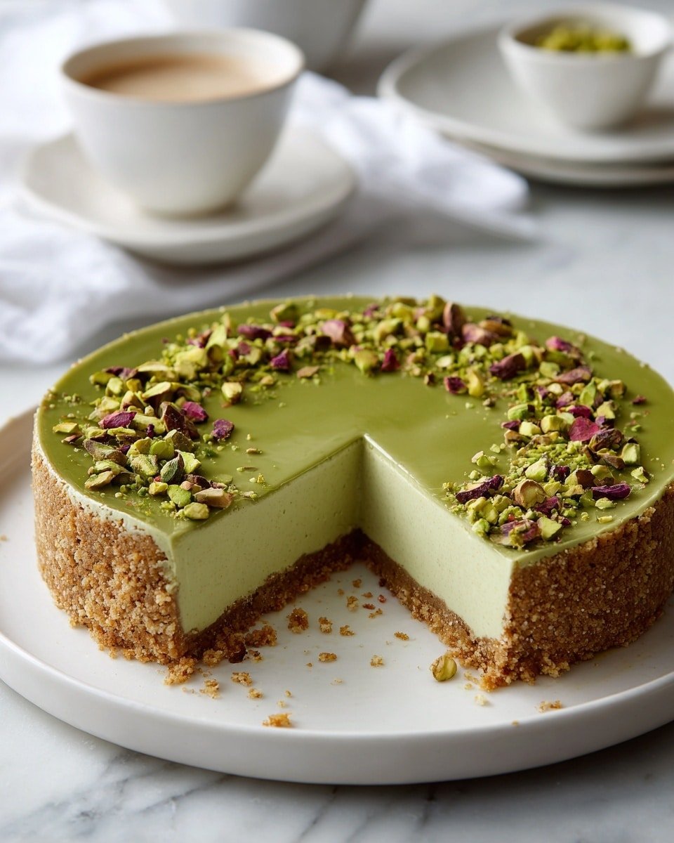 Pistachio Cheesecake With Pistachio Topping Recipe - Recipe Image — Pistachio Cheesecake with Pistachio Topping, pistachio cheesecake recipe, nutty cheesecake dessert, stunning pistachio dessert, homemade pistachio cheesecake