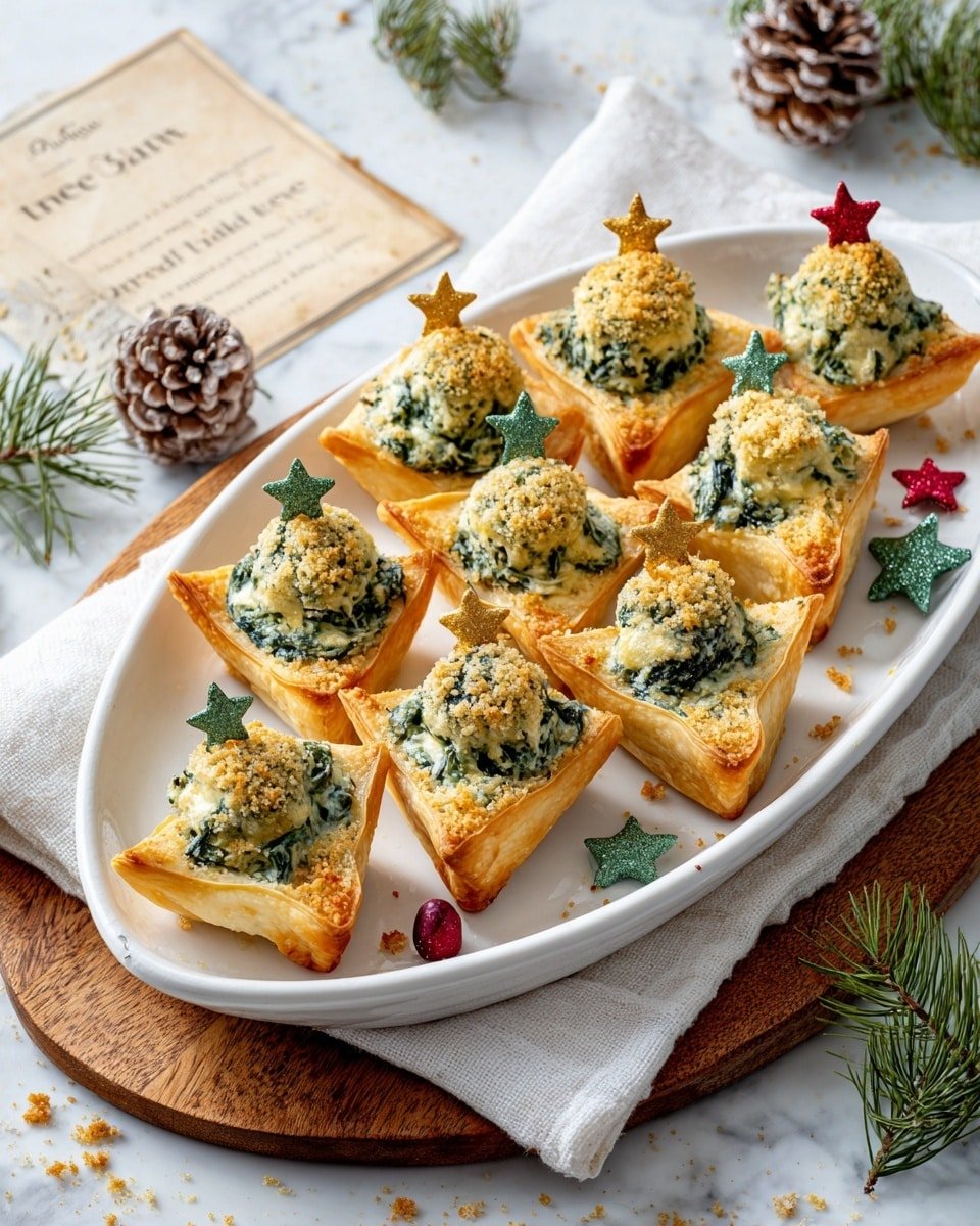 Tree-Topped Spinach Artichoke Crescent Cups Recipe - Recipe Image — Tree-Topped Spinach Artichoke Crescent Cups, spinach artichoke appetizer, cheesy crescent bites, easy party snacks, savory finger foods