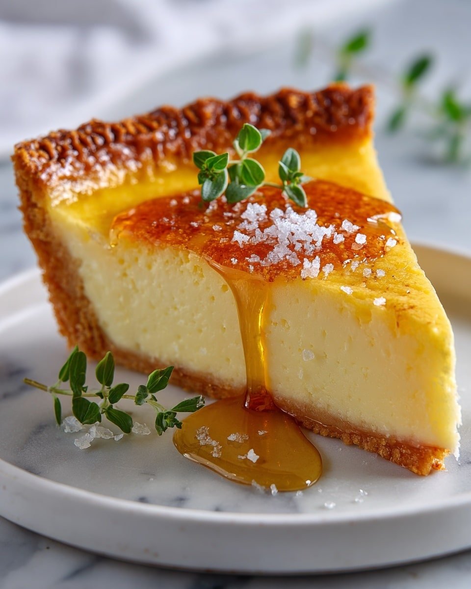 Salted Whiskey Honey Pie Recipe - Recipe Image — Salted Whiskey Honey Pie, whiskey honey pie recipe, rustic custard pie with whiskey, honey custard pie with salted topping, cozy dessert recipes