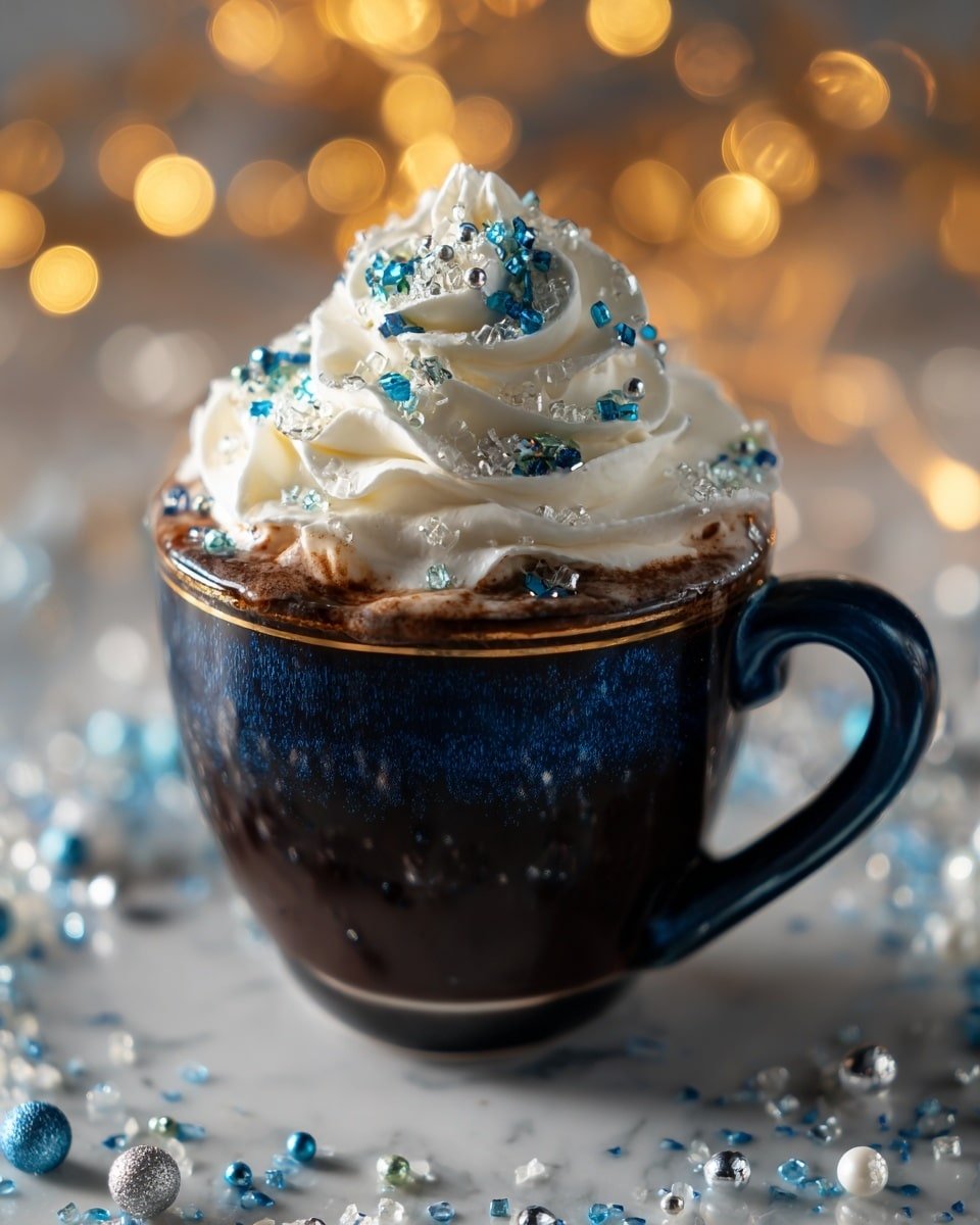 A white cup filled with a drink topped with a thick swirl of white whipped cream, decorated with small blue, white, and silver sprinkle balls and dots scattered over the cream and around the cup base. The cup has a smooth, shiny surface with dark blue and lighter blue gradient colors. The cup is placed on a white marbled surface with blurred warm yellow lights in the background. Photo taken with an iphone --ar 4:5 --v 7 — Frostbite Blue Christmas Cocoa, blue hot chocolate, festive holiday drinks, white hot chocolate recipe, winter beverage ideas