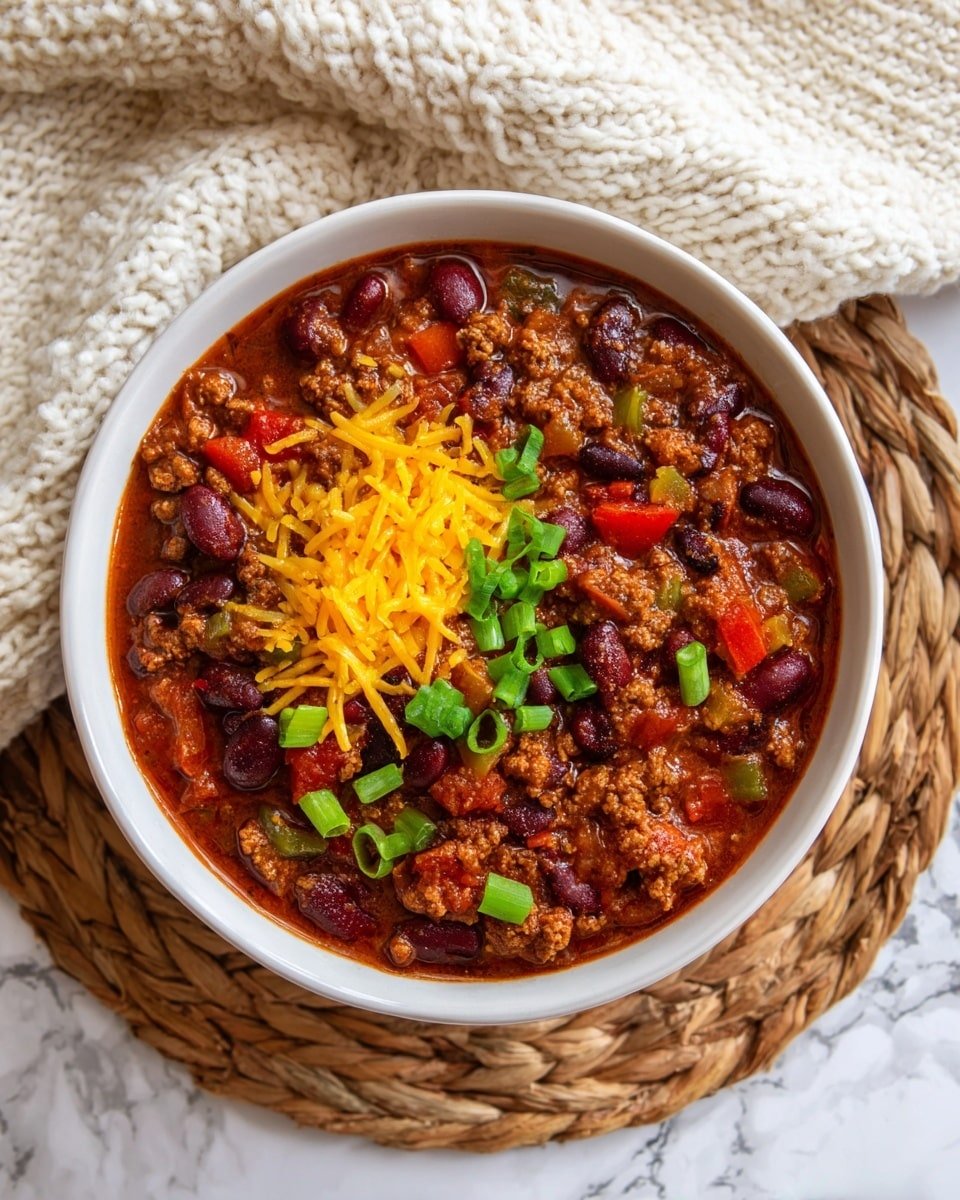 The image shows a white bowl filled with a rich, thick chili made of ground meat, dark red kidney beans, small pieces of green peppers, and chunks of red tomatoes. The chili has a deep reddish-brown color with juicy, slightly oily texture. On top, there is a small pile of bright yellow shredded cheddar cheese and chopped green onions scattered around, adding a fresh contrast. The bowl is placed on a woven mat with a cream-colored knitted cloth partially in the background, all set on a white marbled surface. Photo taken with an iphone --ar 4:5 --v 7 — Award-Winning Southern Soul Chili, southern chili recipe, hearty chili with beans, soulful chili dish, comforting chili dinner