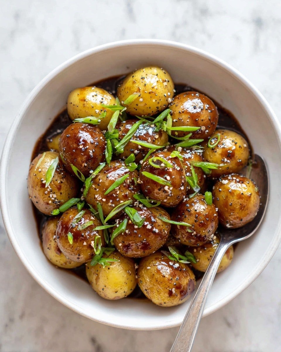 A white bowl filled with about fifteen small round yellow potatoes, each shiny with a dark sauce drizzled over them, creating a rich contrast. The potatoes are sprinkled with coarse black pepper and small white seasoning bits, giving texture to each piece. Scattered bright green chopped spring onions lie on top and between the potatoes, adding fresh color. A silver spoon rests inside the bowl on the right side, partly under some potatoes. The bowl is set on a white marbled surface with soft natural light highlighting the glossy look of the sauce and the fresh green onions. photo taken with an iphone --ar 4:5 --v 7 — Honey Mustard Skillet Potatoes, easy potato side dish, crispy skillet potatoes, flavorful potato recipe, weeknight dinner side